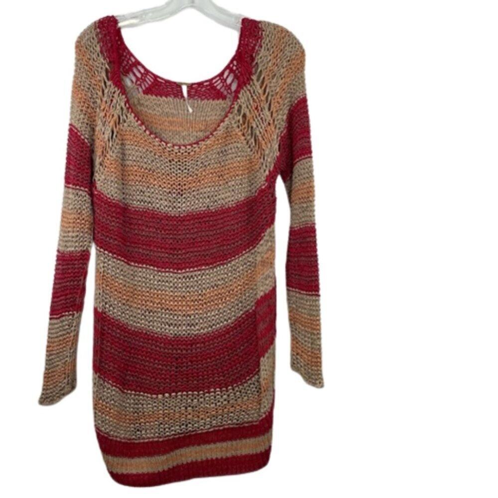 Free People open knit sweater mini dress size Medium red/beige/peach long sleeve